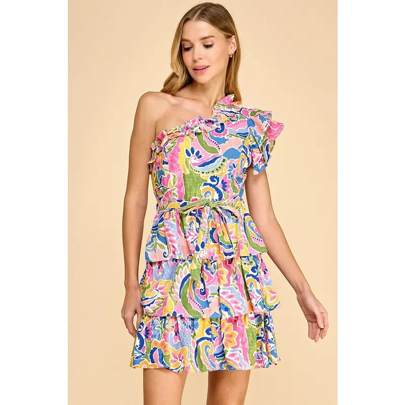 One Shoulder Paisley Print Ruffled Sleeves Dress - Multi