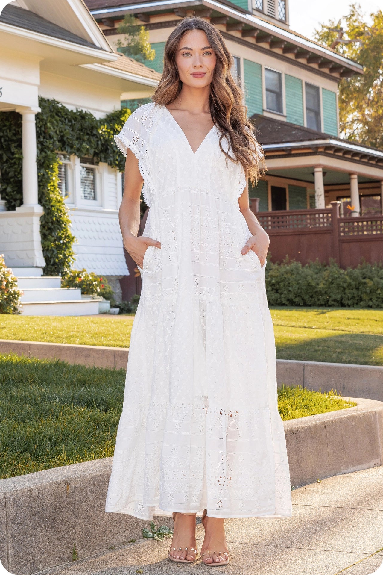 Pearl Trim Details Eyelet Long Dress - White