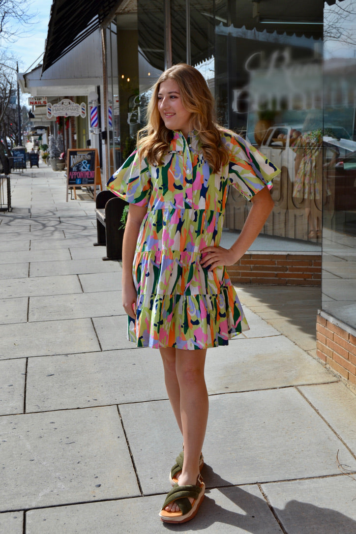 Short Sleeve Multi Color Dress - Lime
