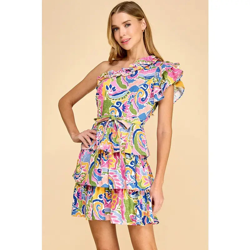 One Shoulder Paisley Print Ruffled Sleeves Dress - Multi
