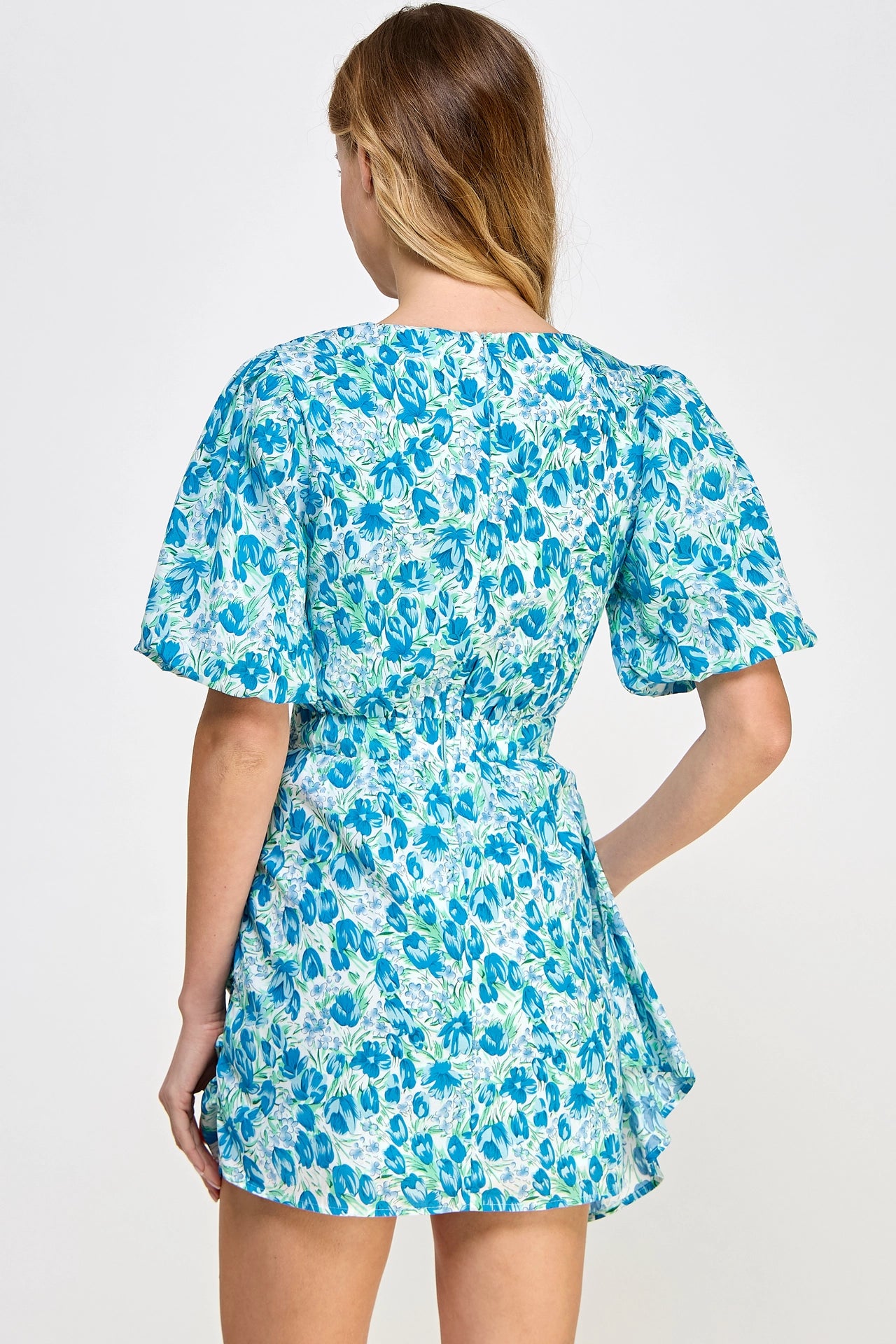 Ruched Short Puff Sleeve Floral Voile Mini Dress - Blue