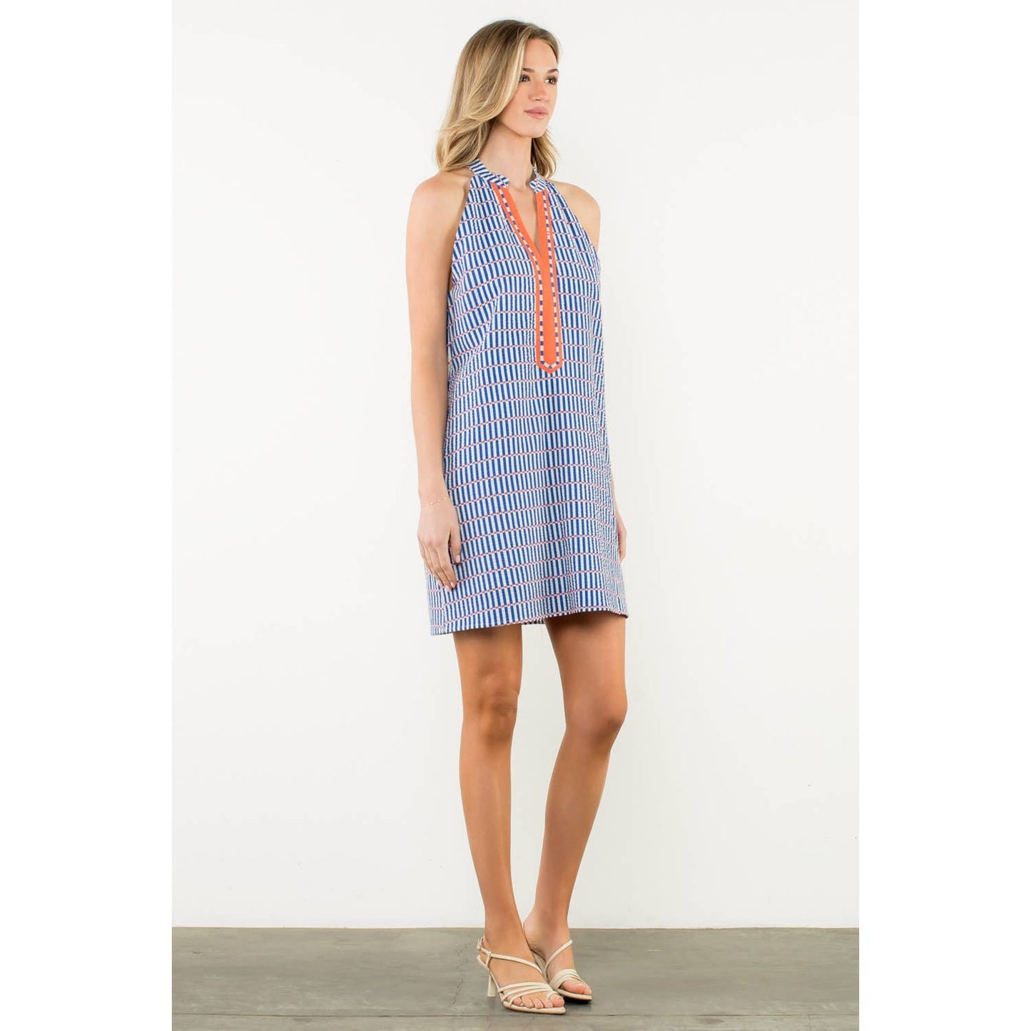 Contrast Trim Sleeveless Stripe Dress - Blue
