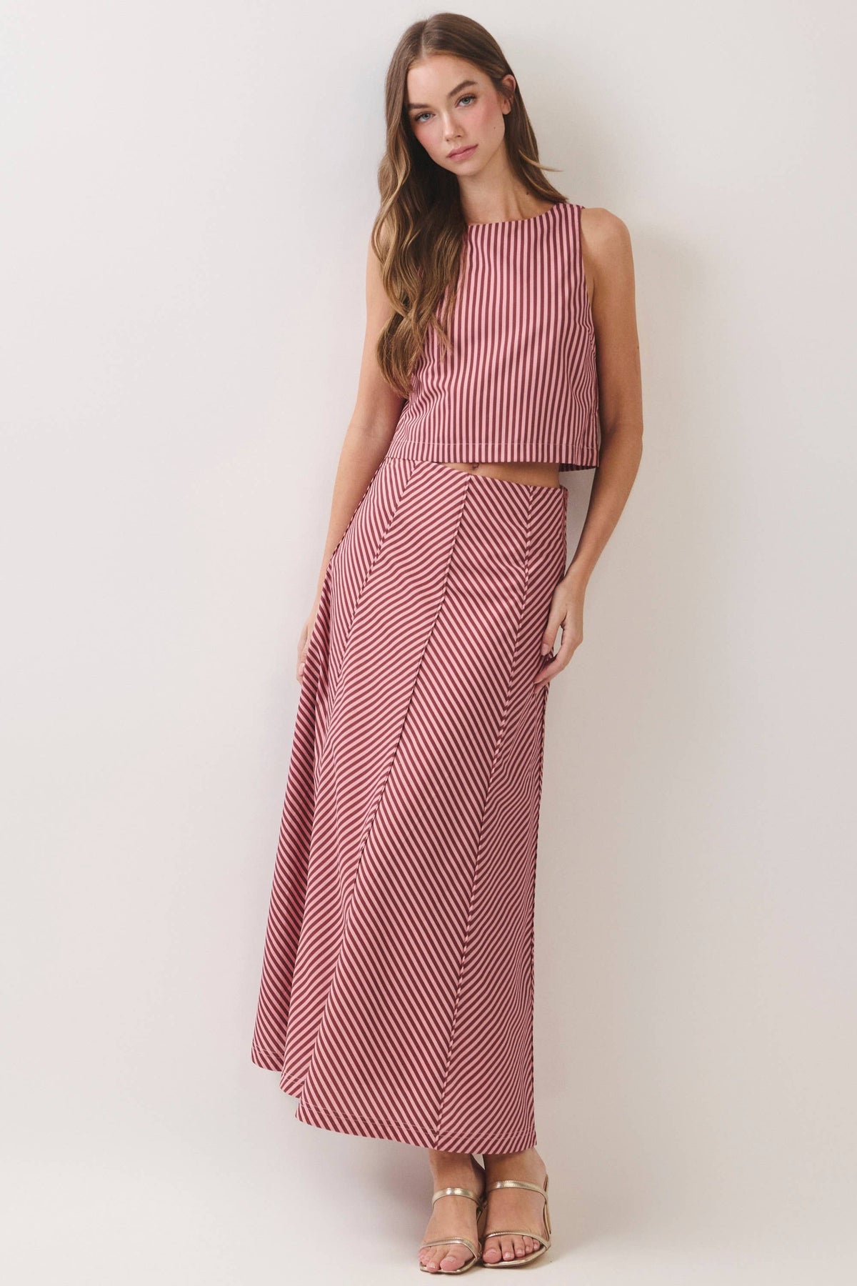 Bias Stripe A-Line Midi Skirt - Rust