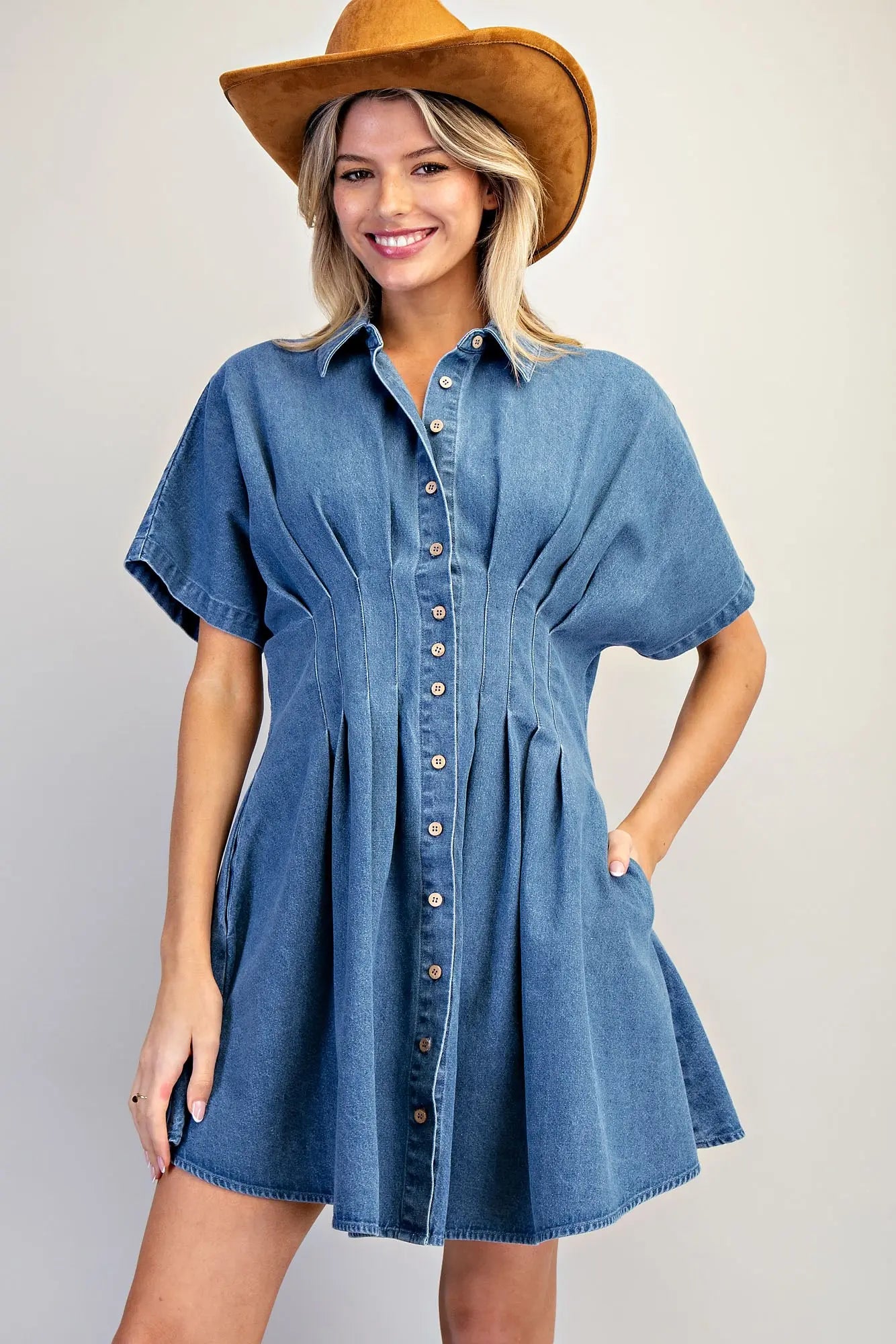 denim pleated mini dress Pleated Button Down Denim Mini Dress