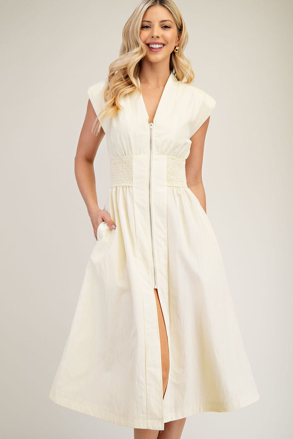 V-Neck Shoulder Padded Midi Dress - White
