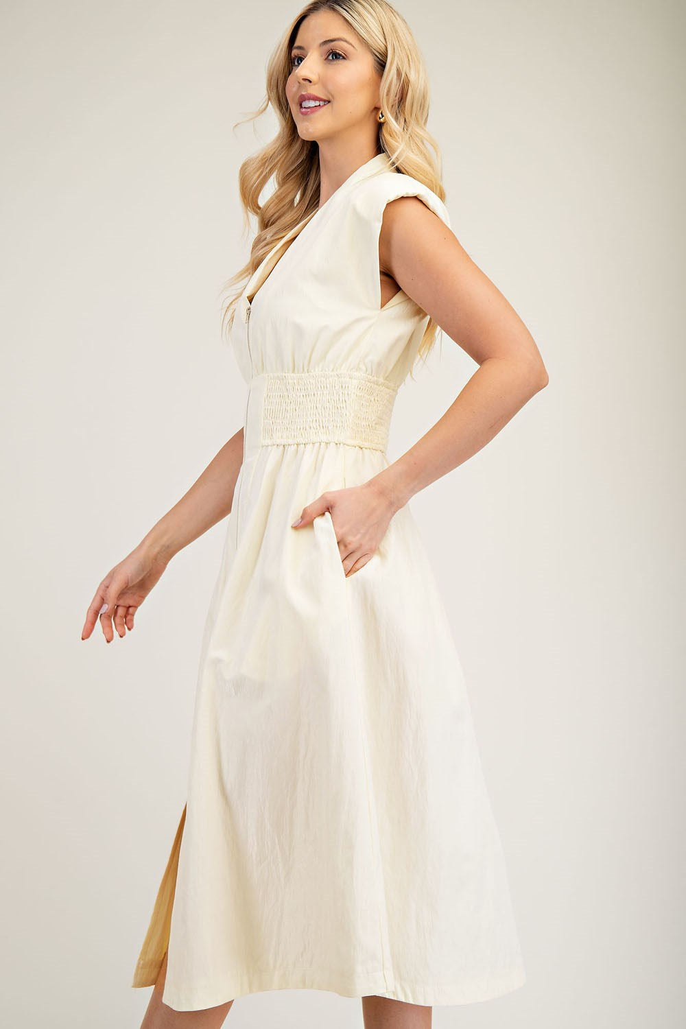 V-Neck Shoulder Padded Midi Dress - White