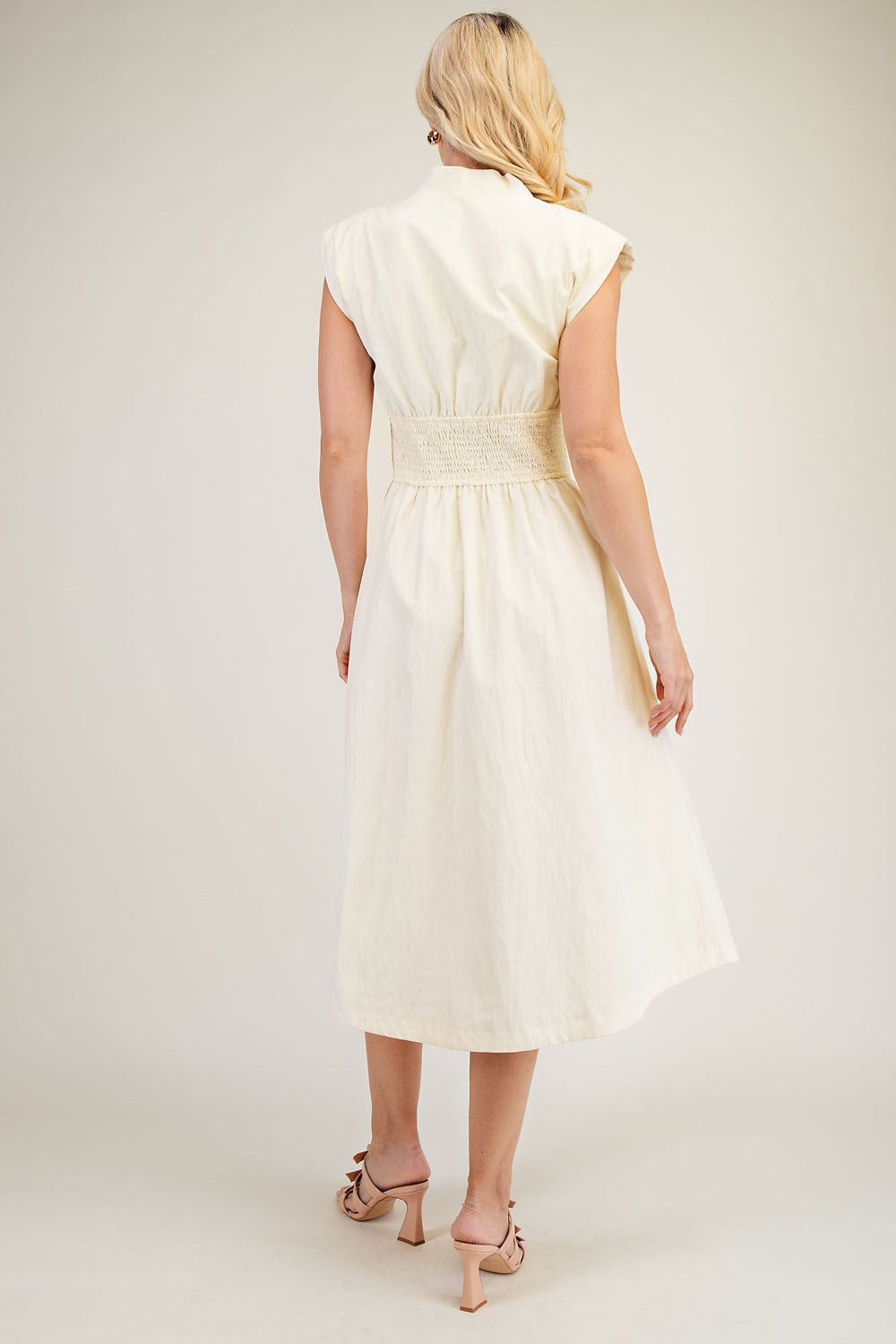 V-Neck Shoulder Padded Midi Dress - White