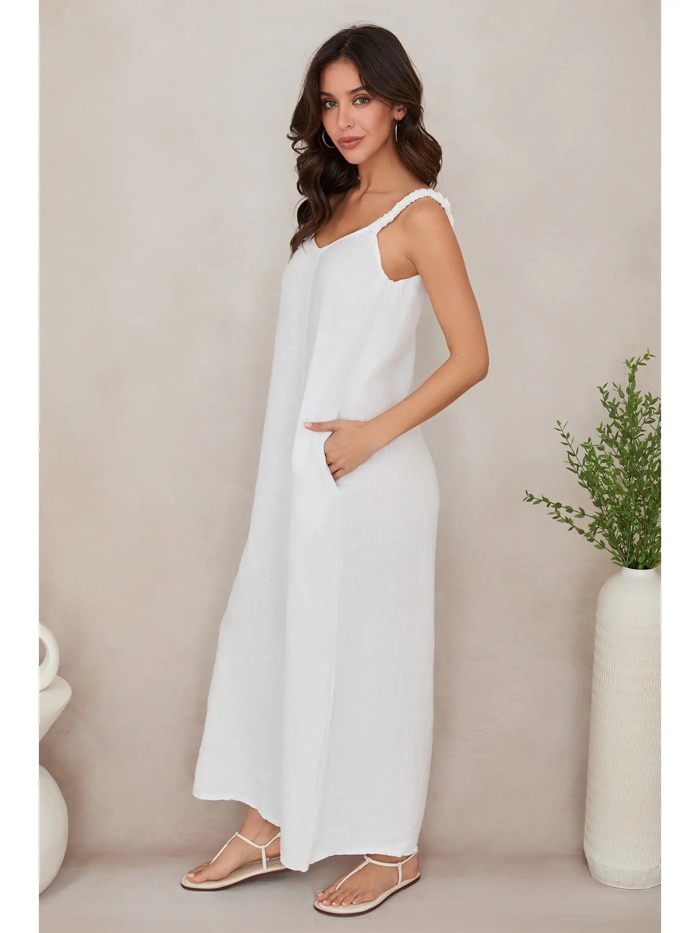 Raw Edge Seam Sleeveless Maxi Dress with Pockets - White