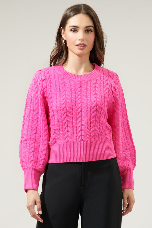 Ashtyn Cable Knit White Balloon Sleeve Sweater - Fuchsia