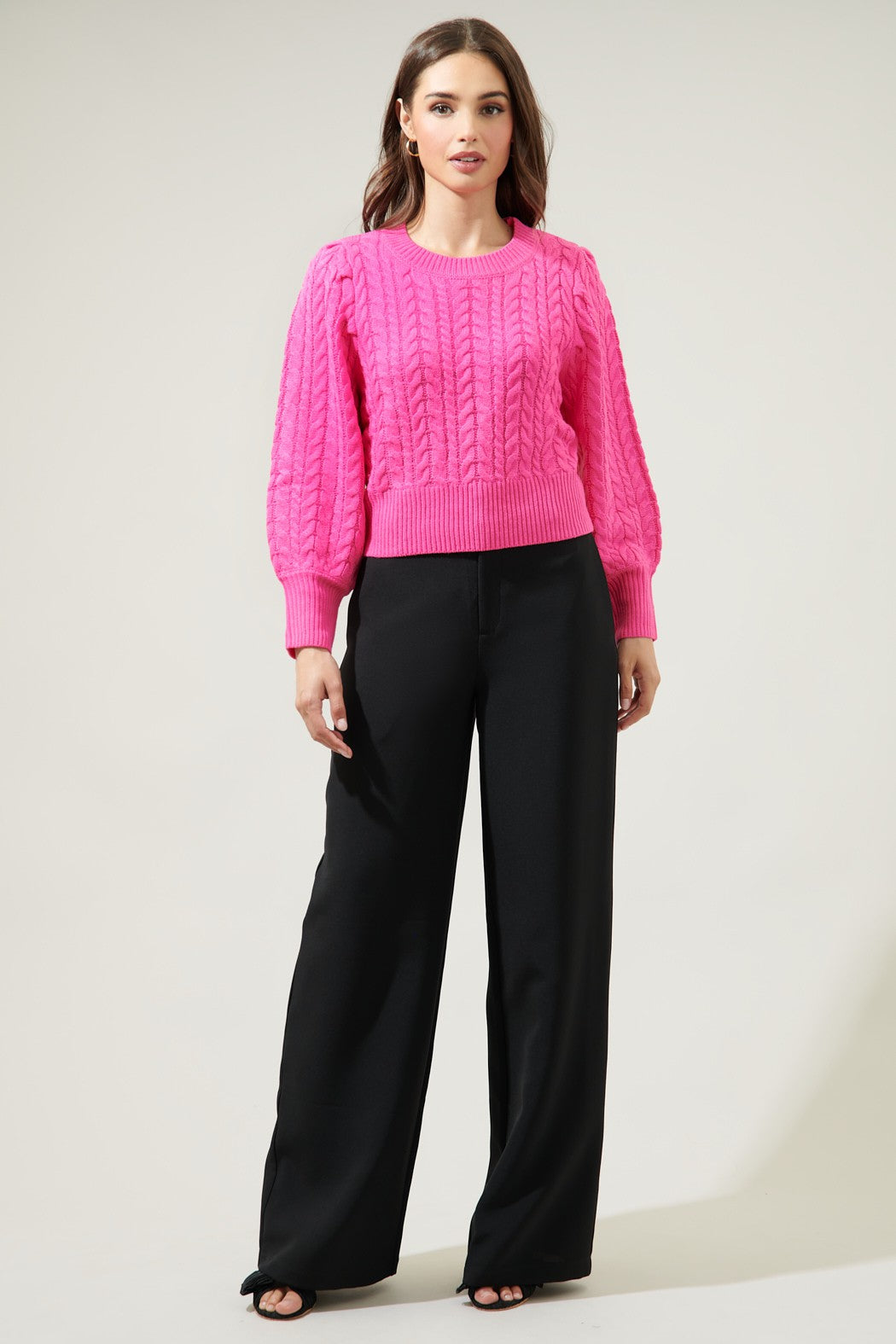 Ashtyn Cable Knit White Balloon Sleeve Sweater - Fuchsia