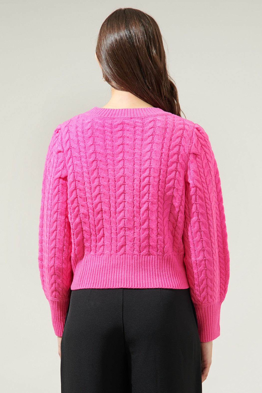 Ashtyn Cable Knit White Balloon Sleeve Sweater - Fuchsia