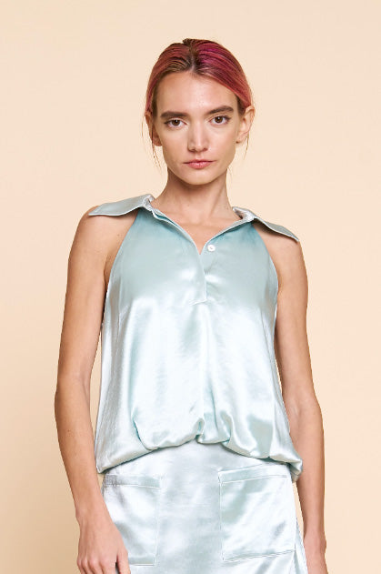 Fiona Satin Collared Bubble Top - Ice Blue