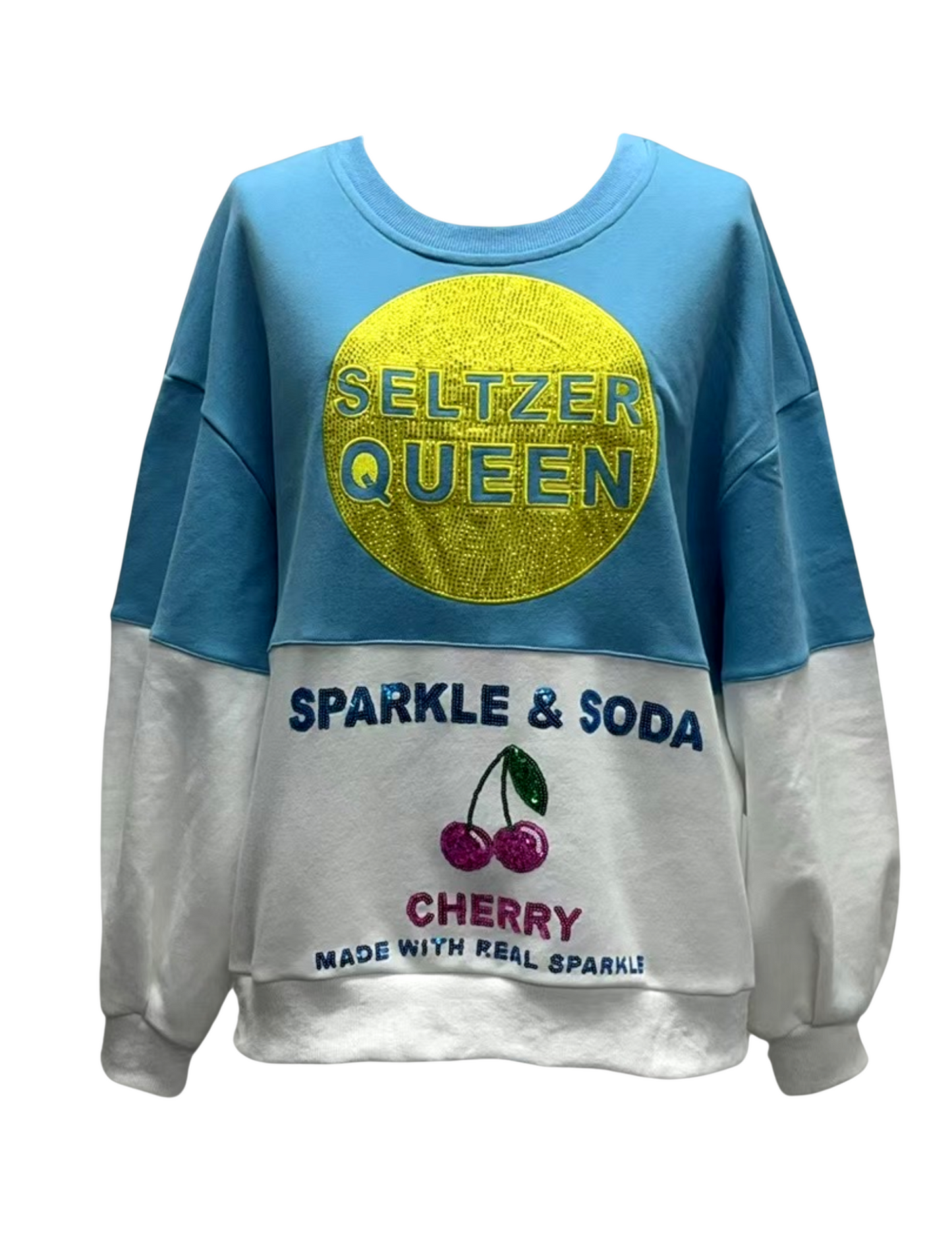 Queen of Sparkles Aqua & White Colorblock Seltzer Queen Sweatshirt