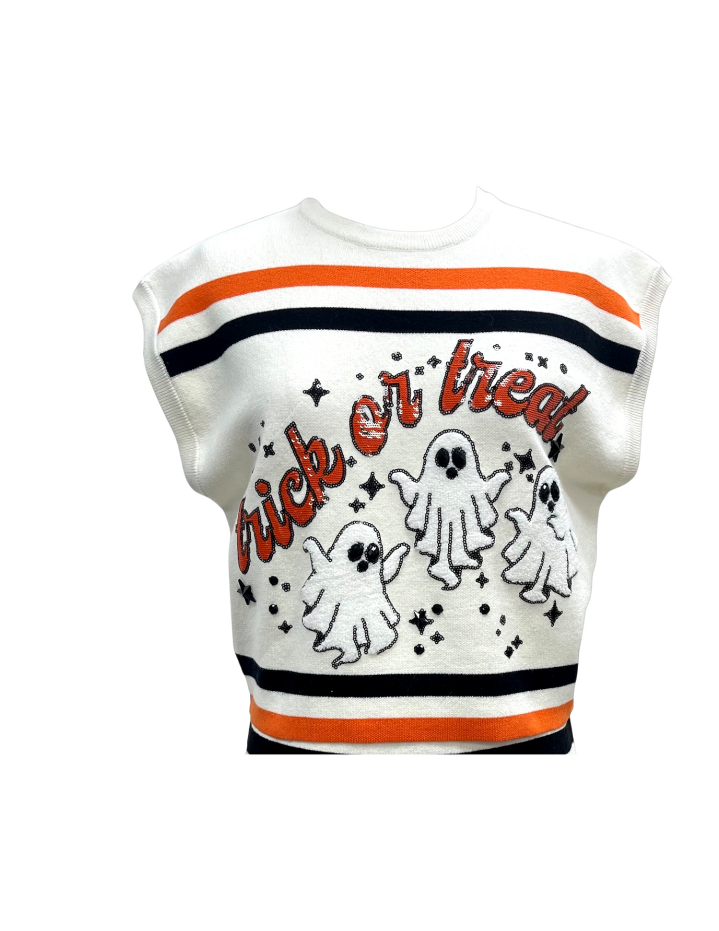Queen of Sparkles White, Black & Orange Stripe 'Trick or Treat' Top