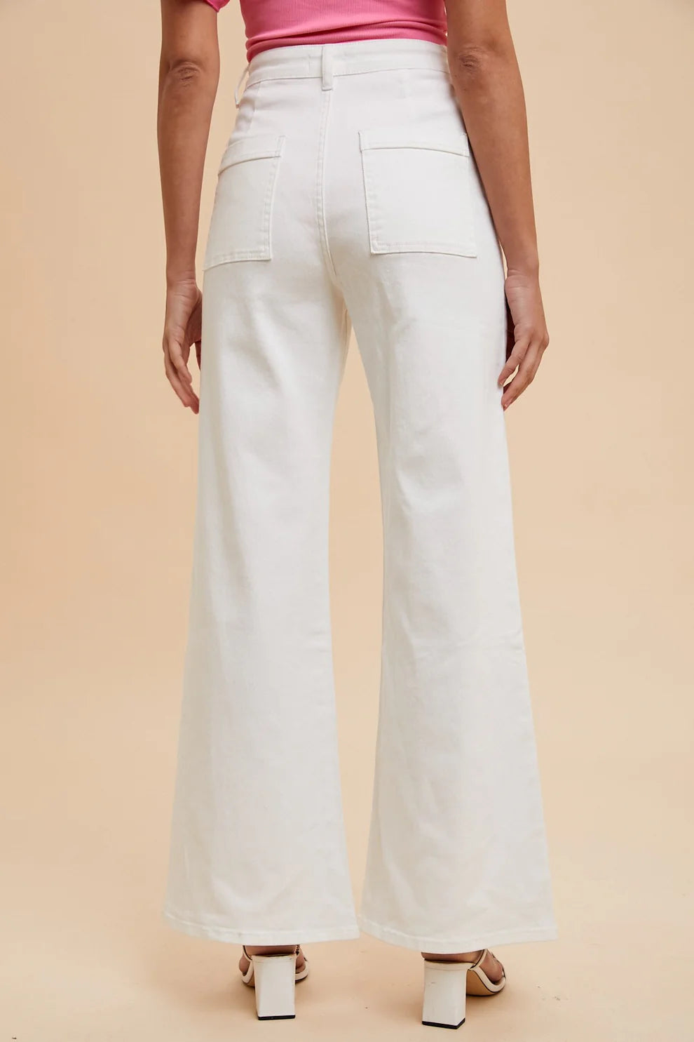 Front Two Pocket Stretch Wide Leg Denim Jeans - White