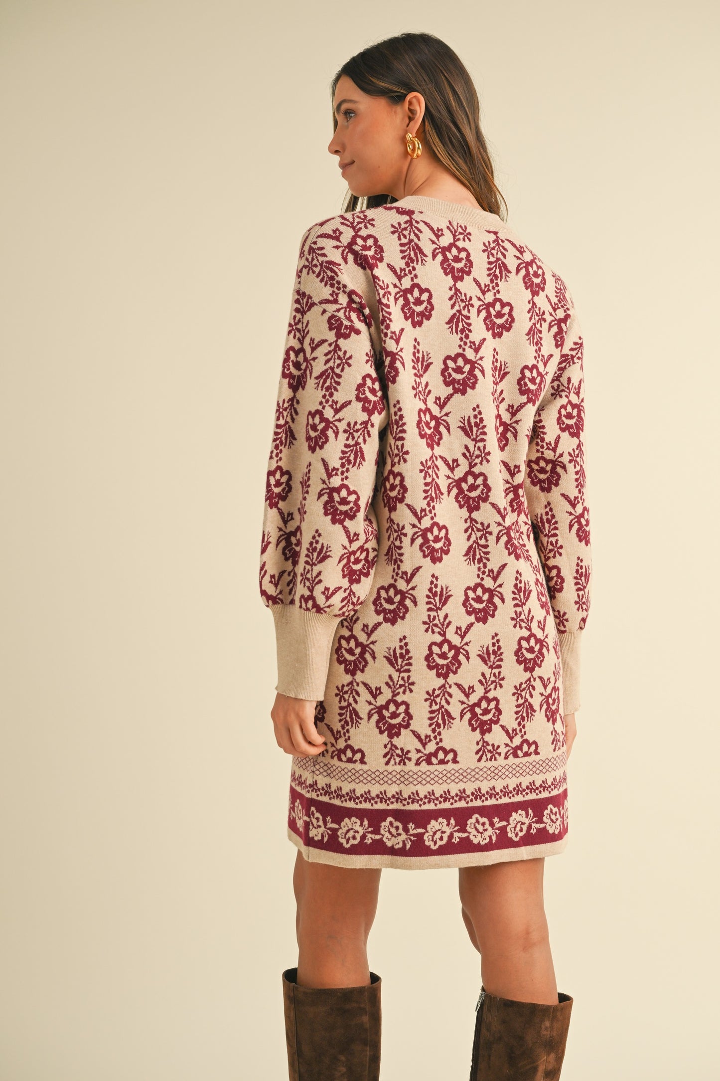 Floral Jacquard Sweater Mini Dress - Oatmeal/Burgundy