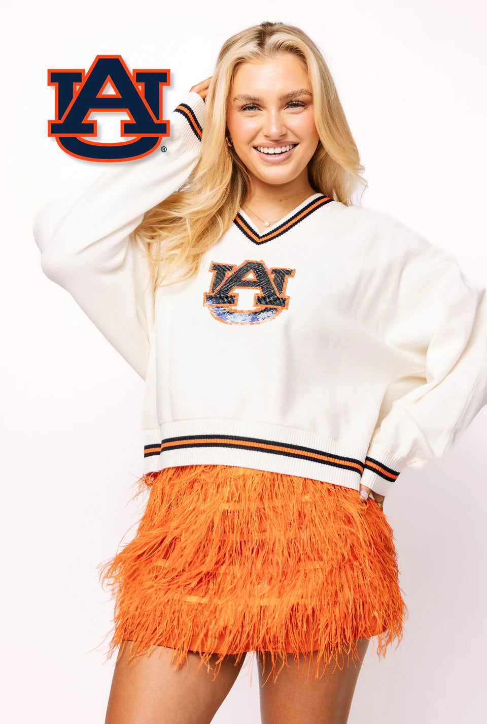 Queen of Sparkles Licensed Auburn V Neck Striped Cuff Long Sleeve Sweater With Small Mascot