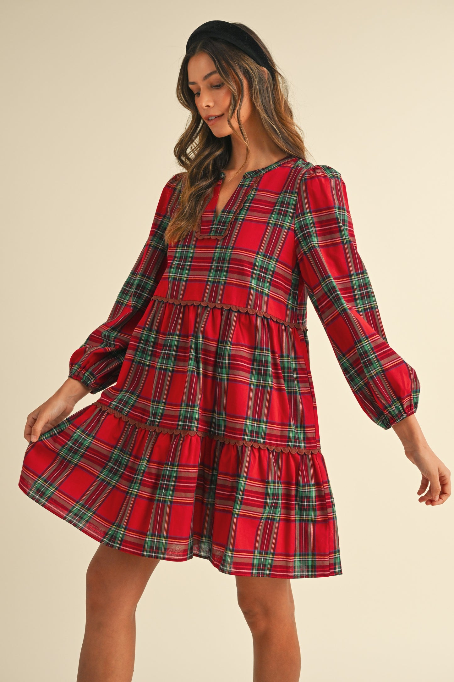 Plaid Scallop Trim Detail Babydoll Mini Dress - Red
