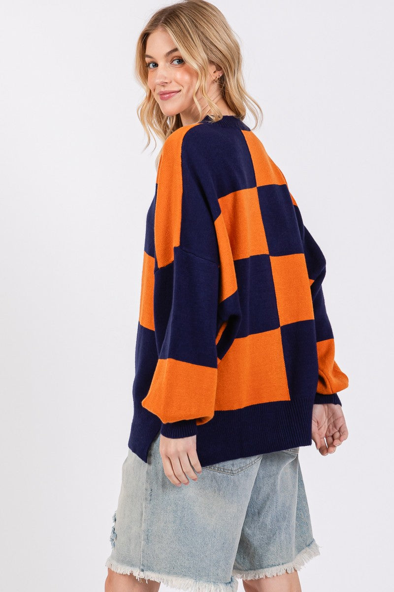 Oversized Checkerboard Sweater - Navy/Orange