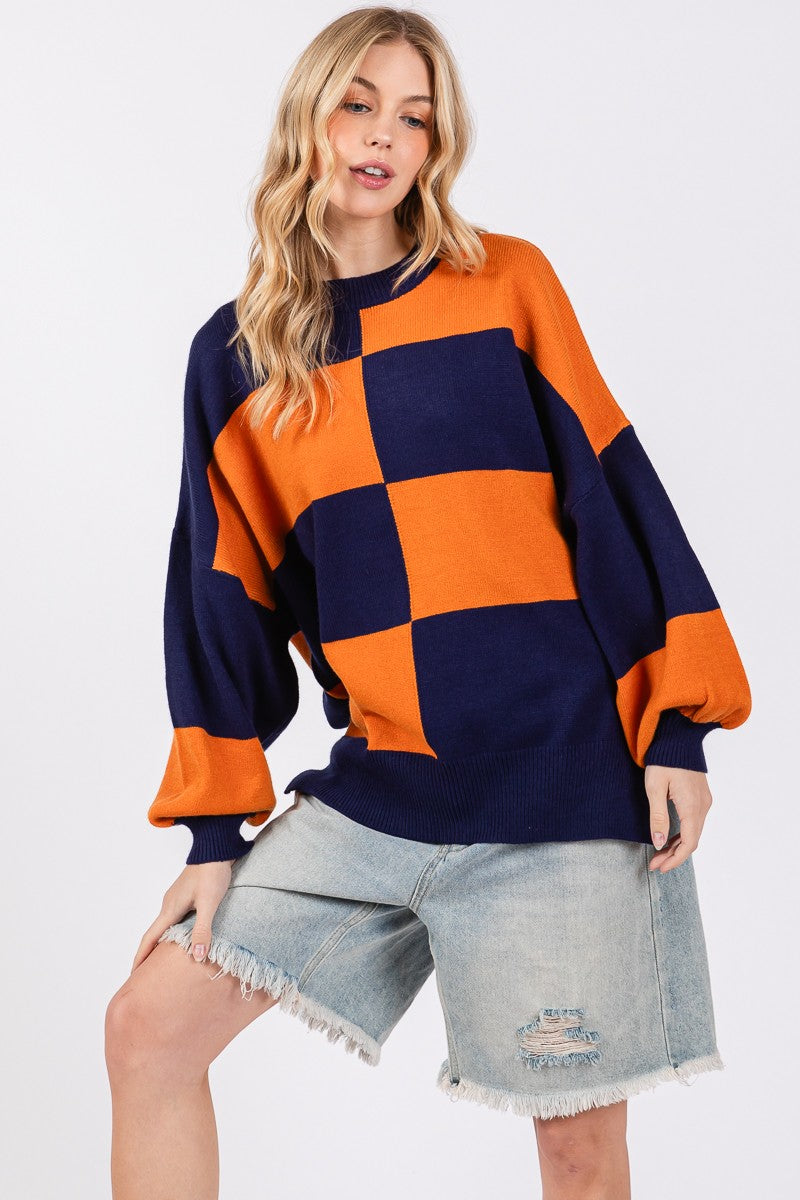 Oversized Checkerboard Sweater - Navy/Orange