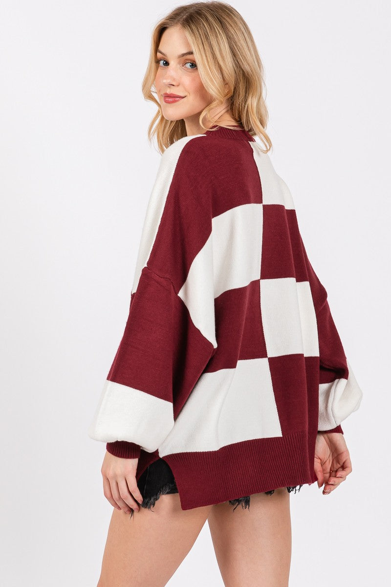 Oversized Checkerboard Sweater - Burgundy/White