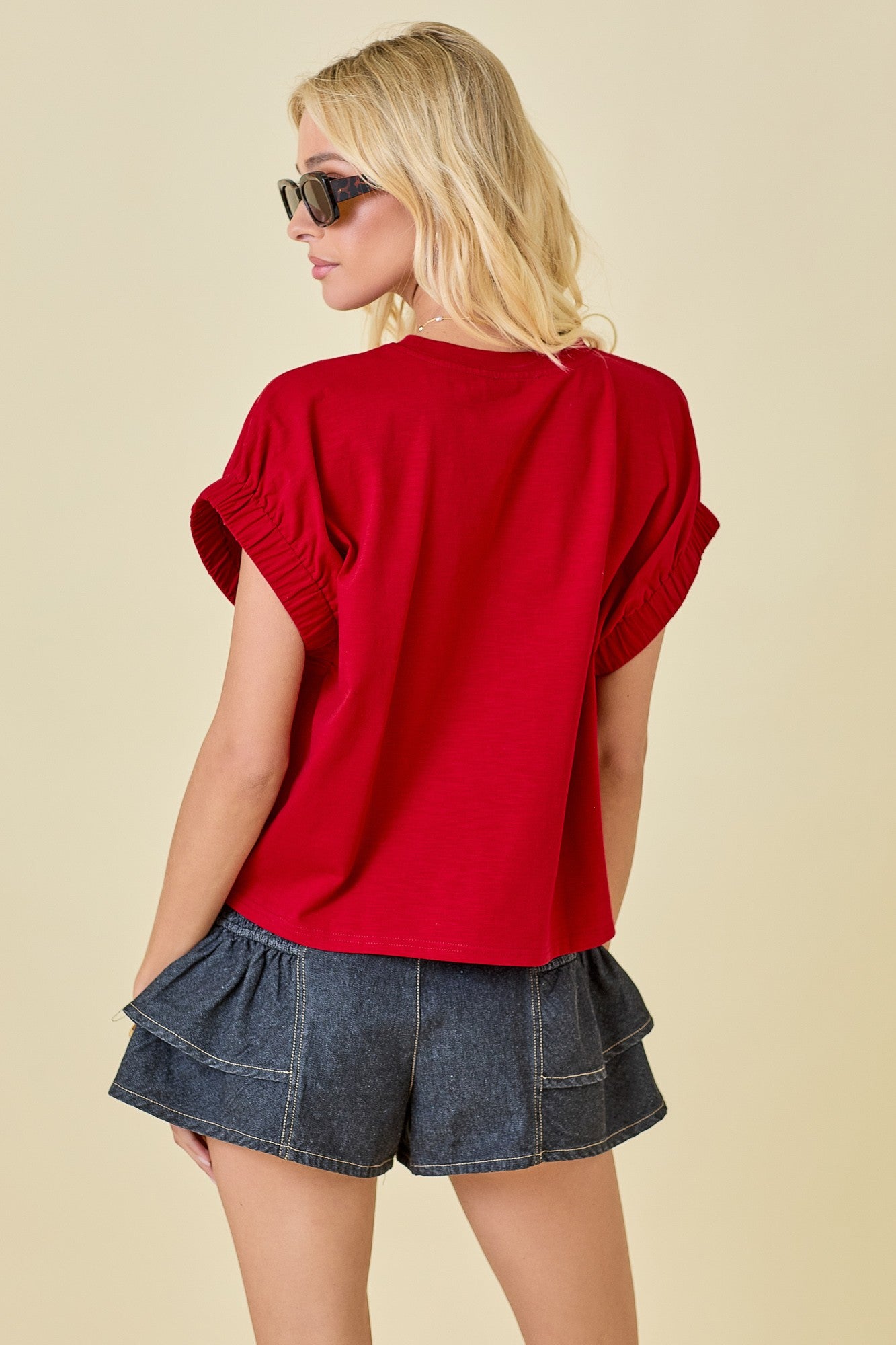 Easy Oversized Top With Elastic Sleeve Detail - Crimson