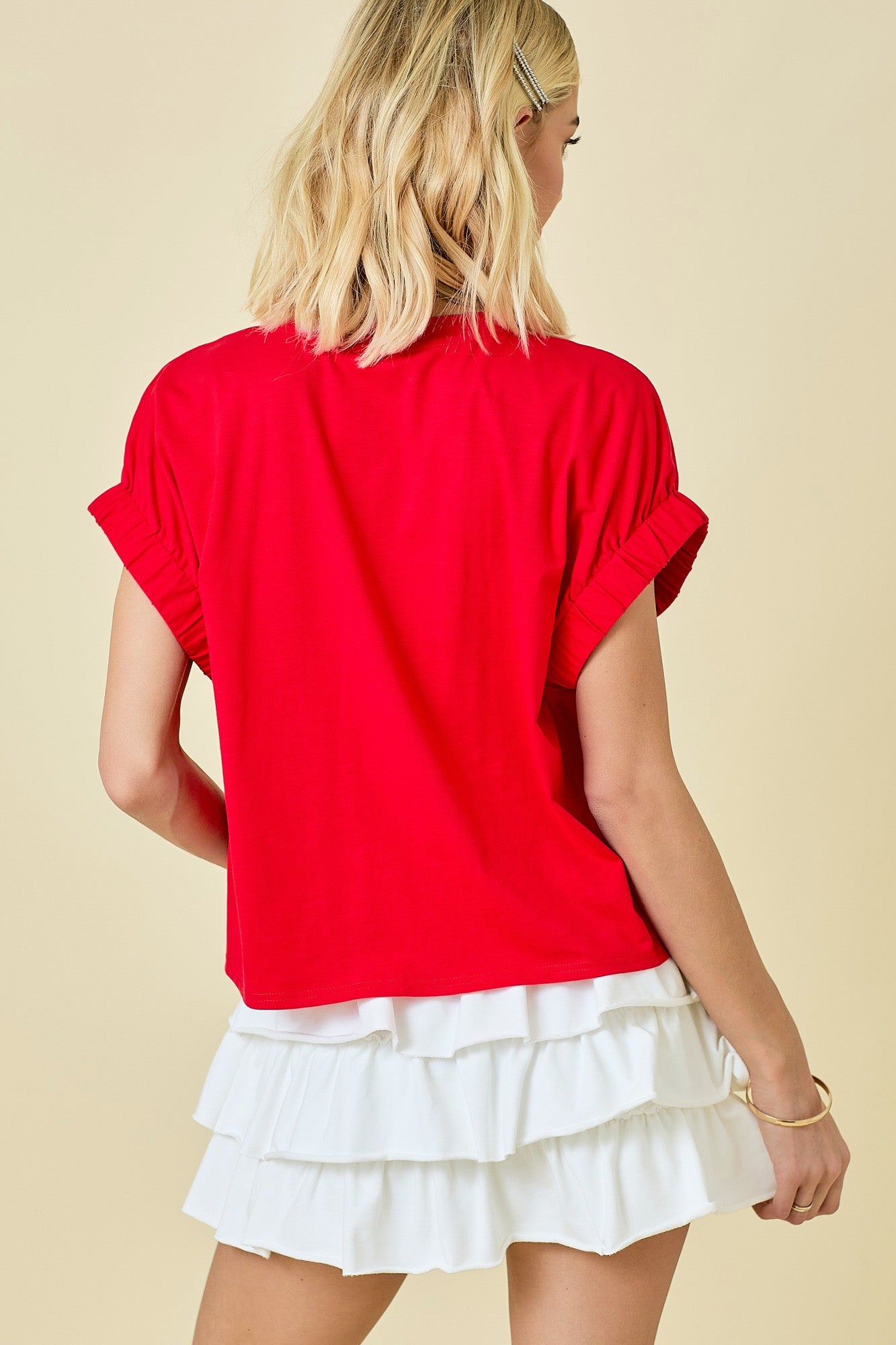 Easy Oversized Top With Elastic Sleeve Detail - Red