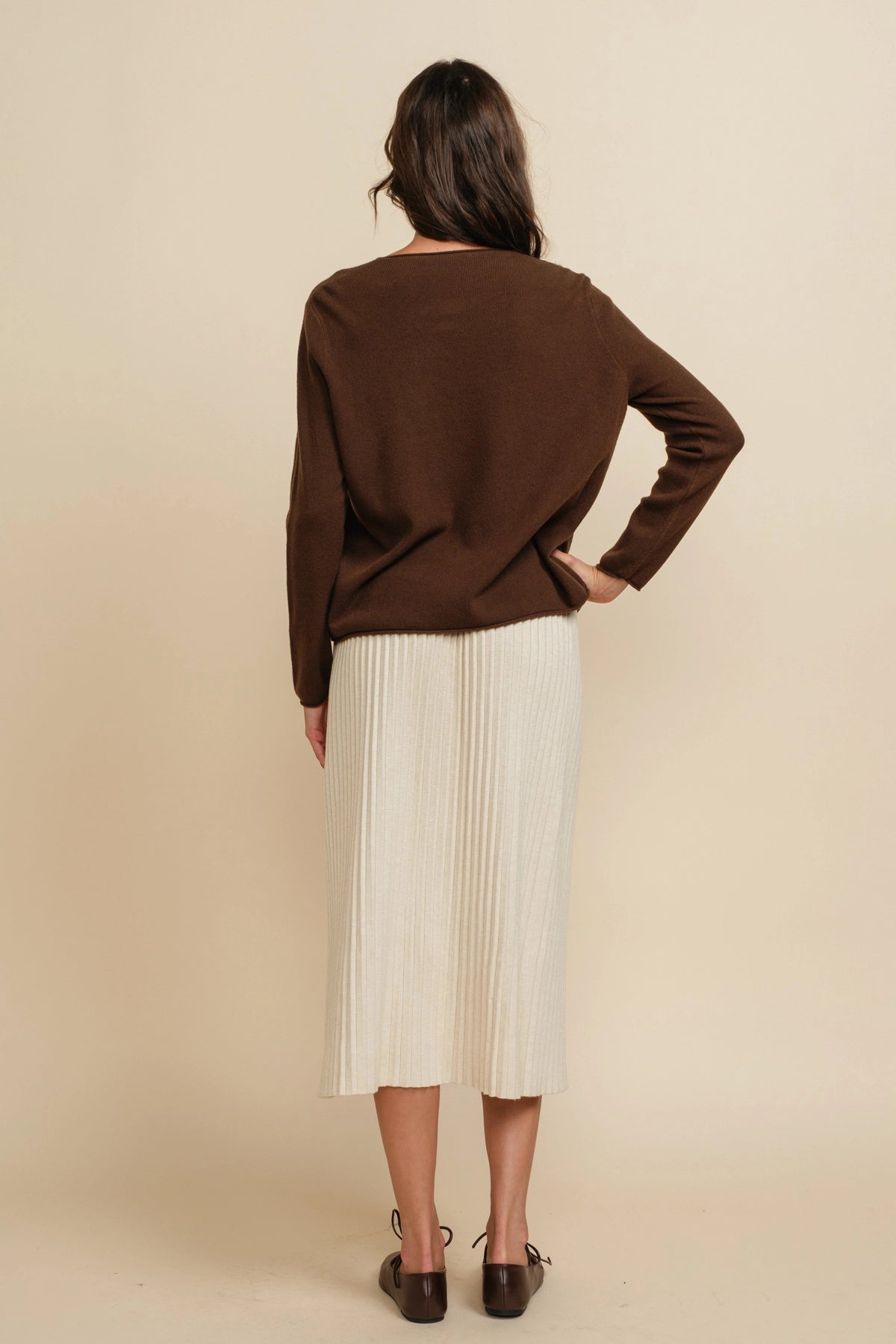 Essential V-Neck Long Sleeve Pullover Sweater Top - Brown