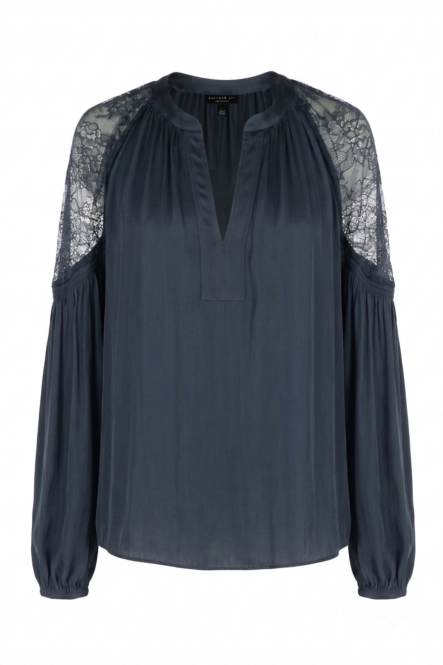 Lace Point Satin Blouse - Slate Navy
