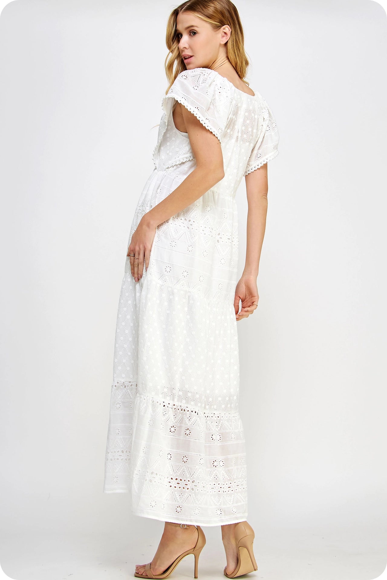 Pearl Trim Details Eyelet Long Dress - White