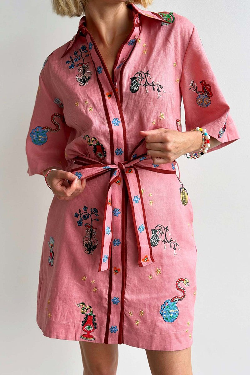 Button-Front Shirt Dress - Pink