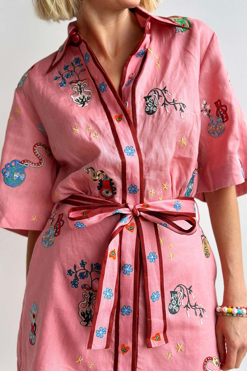 Button-Front Shirt Dress - Pink