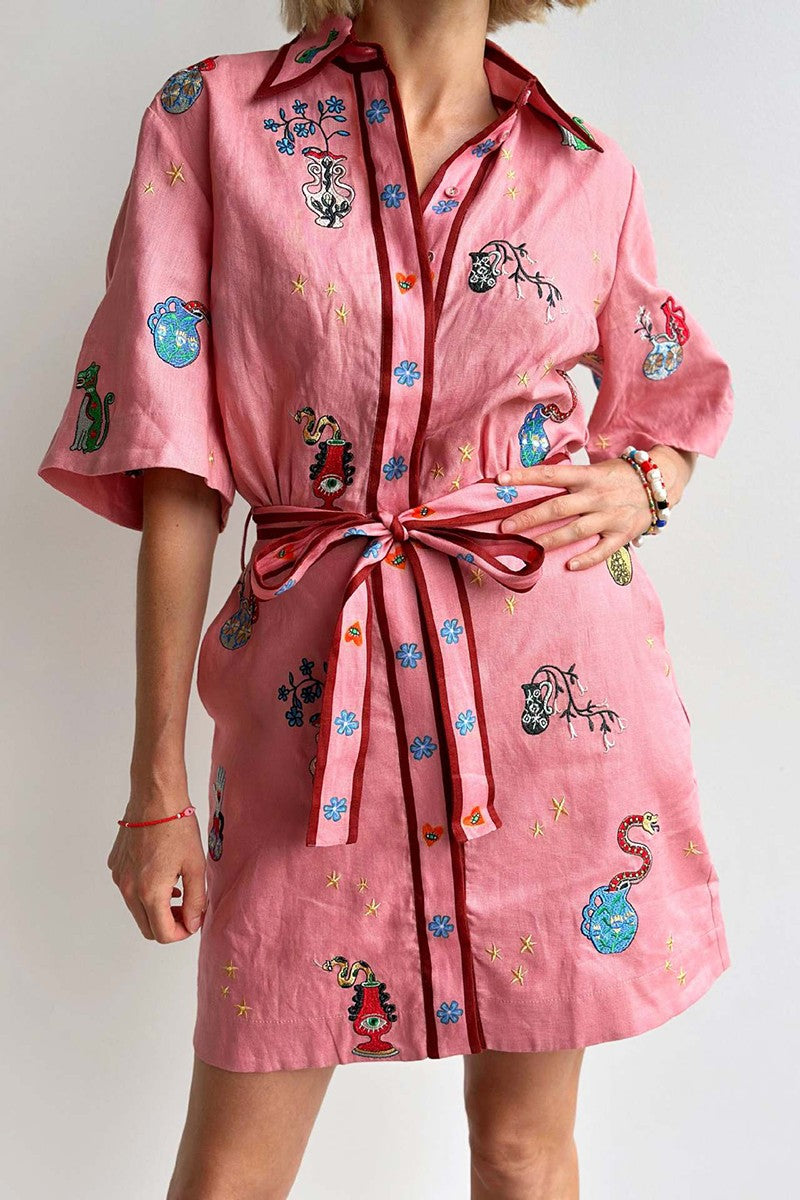Button-Front Shirt Dress - Pink
