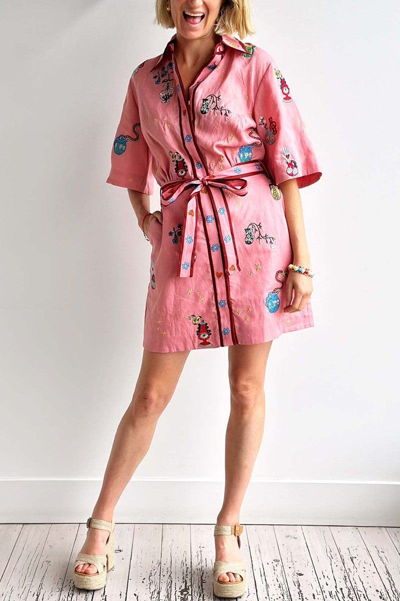 Button-Front Shirt Dress - Pink