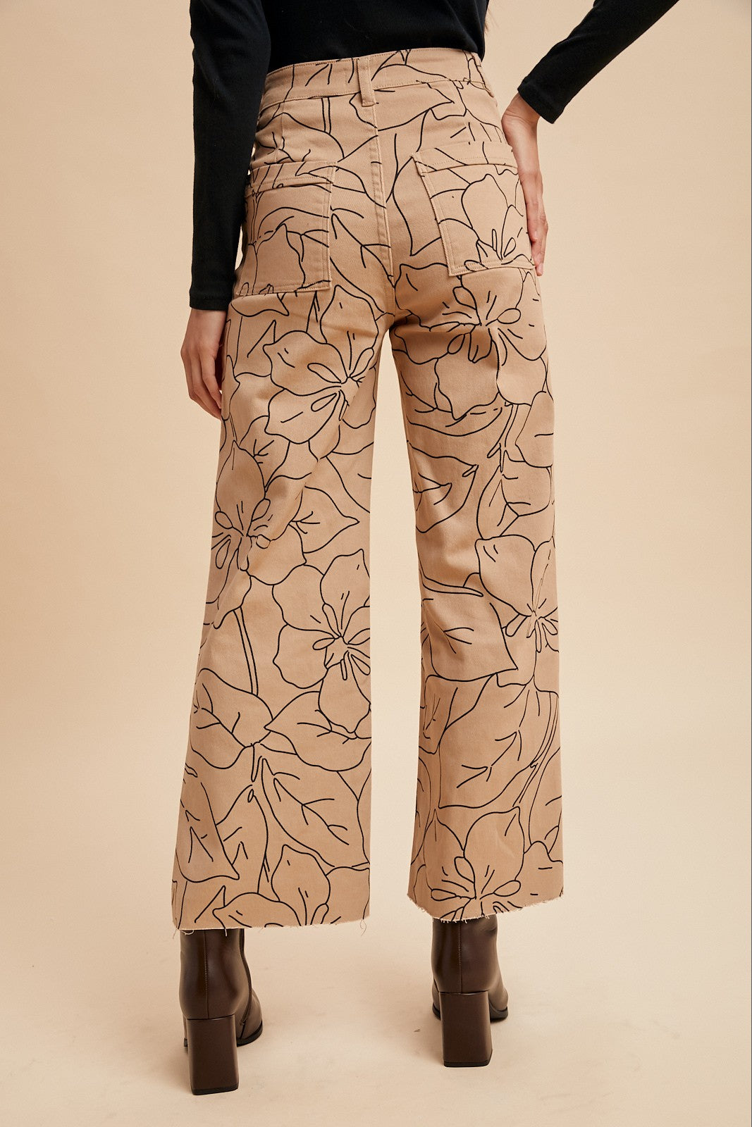 Floral Print Wide Leg Jeans - Latte