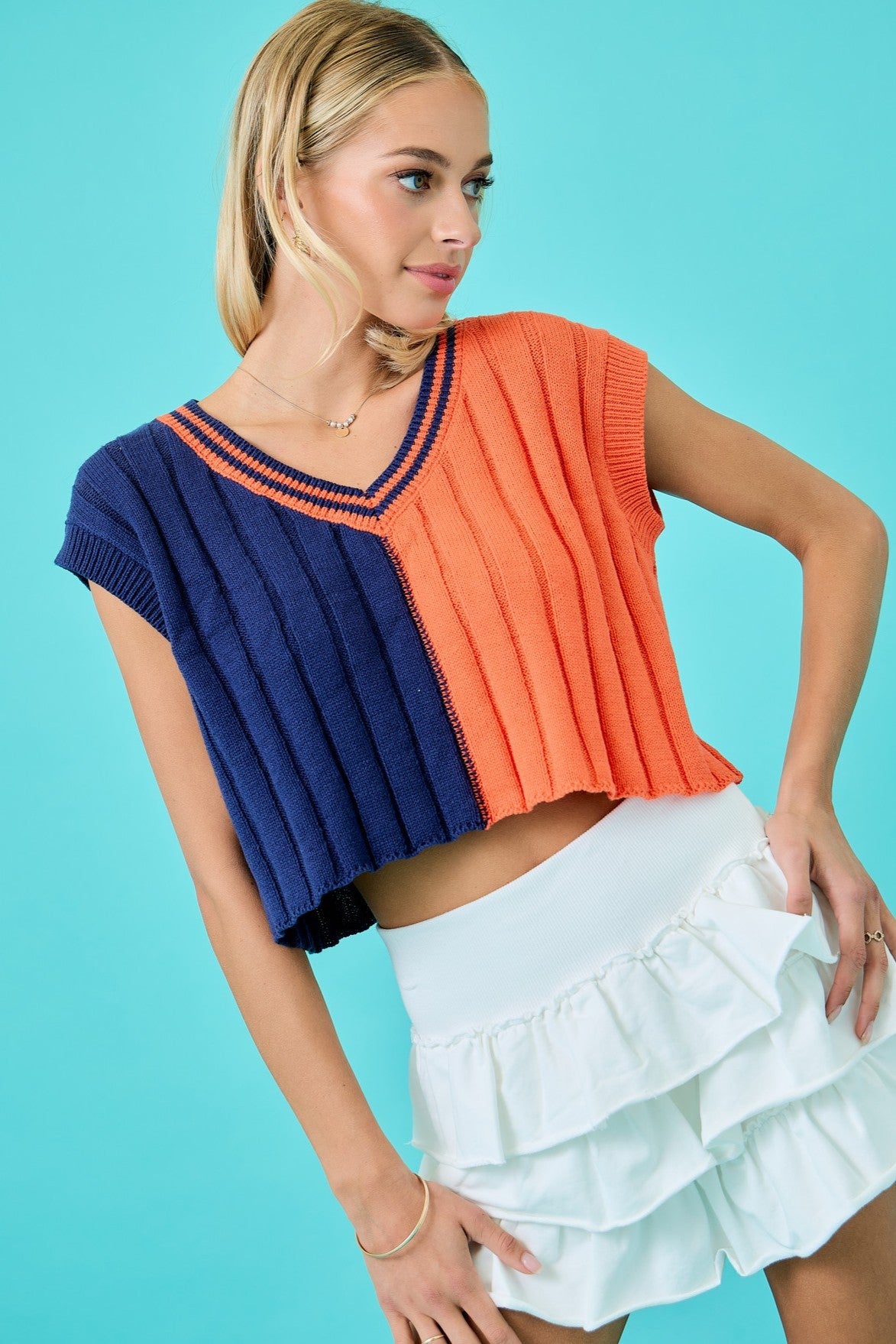 Two Tone V Neck Sweater - Orange/Navy