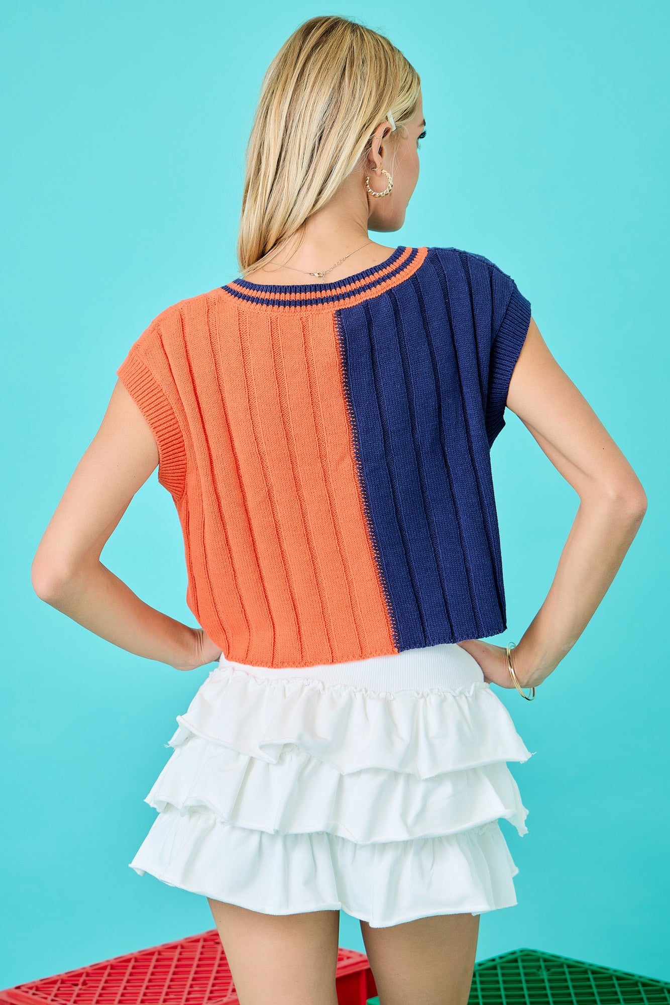 Two Tone V Neck Sweater - Orange/Navy