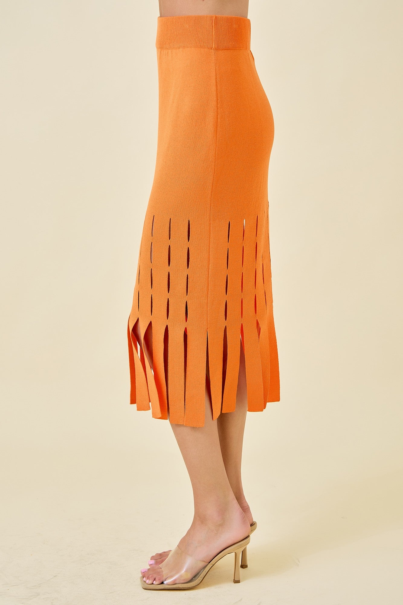 Sweater Midi Skirt with Fringe Hem - Sunkist