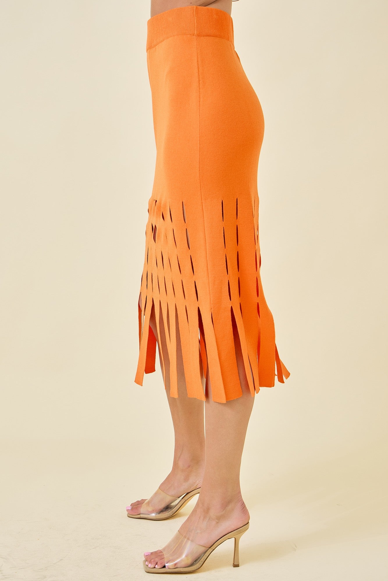 Sweater Midi Skirt with Fringe Hem - Sunkist
