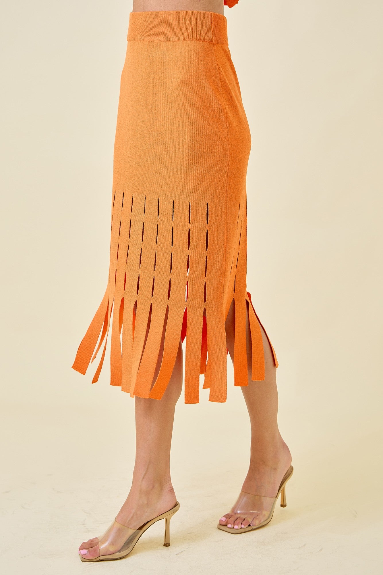 Sweater Midi Skirt with Fringe Hem - Sunkist