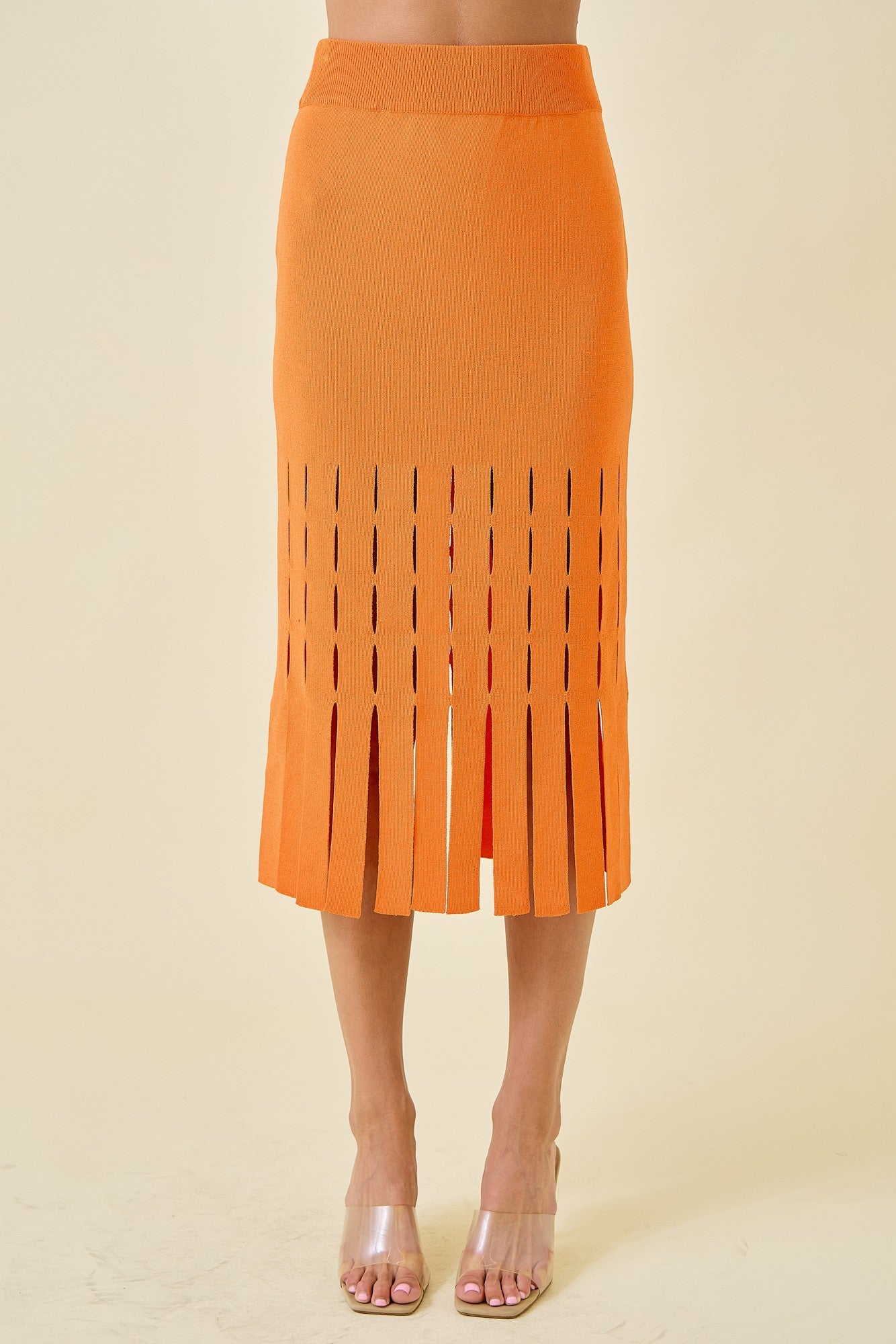Sweater Midi Skirt with Fringe Hem - Sunkist