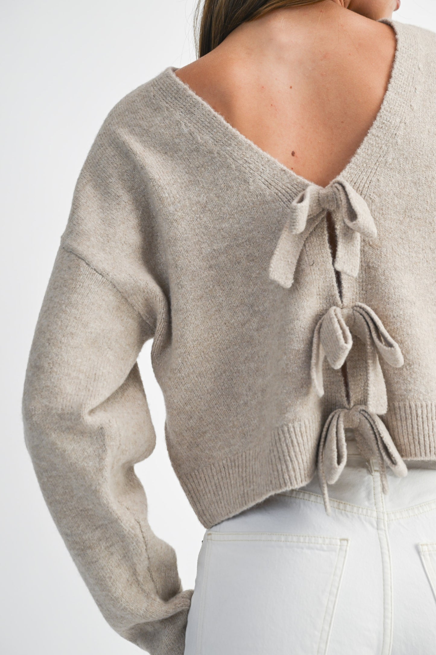 Ribbon Bow Detail Knit Sweater Top - Light Taupe