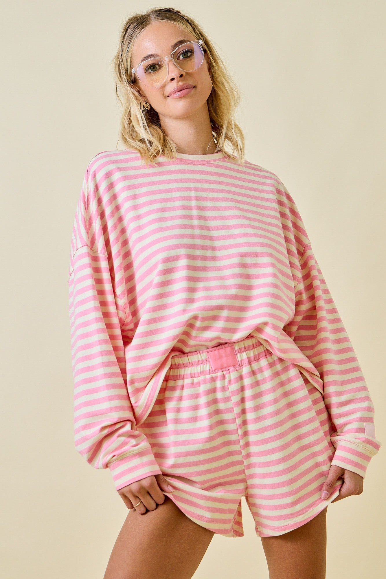Striped Terry Loose Fit Lounge Sweatshirt - Pink/Cream