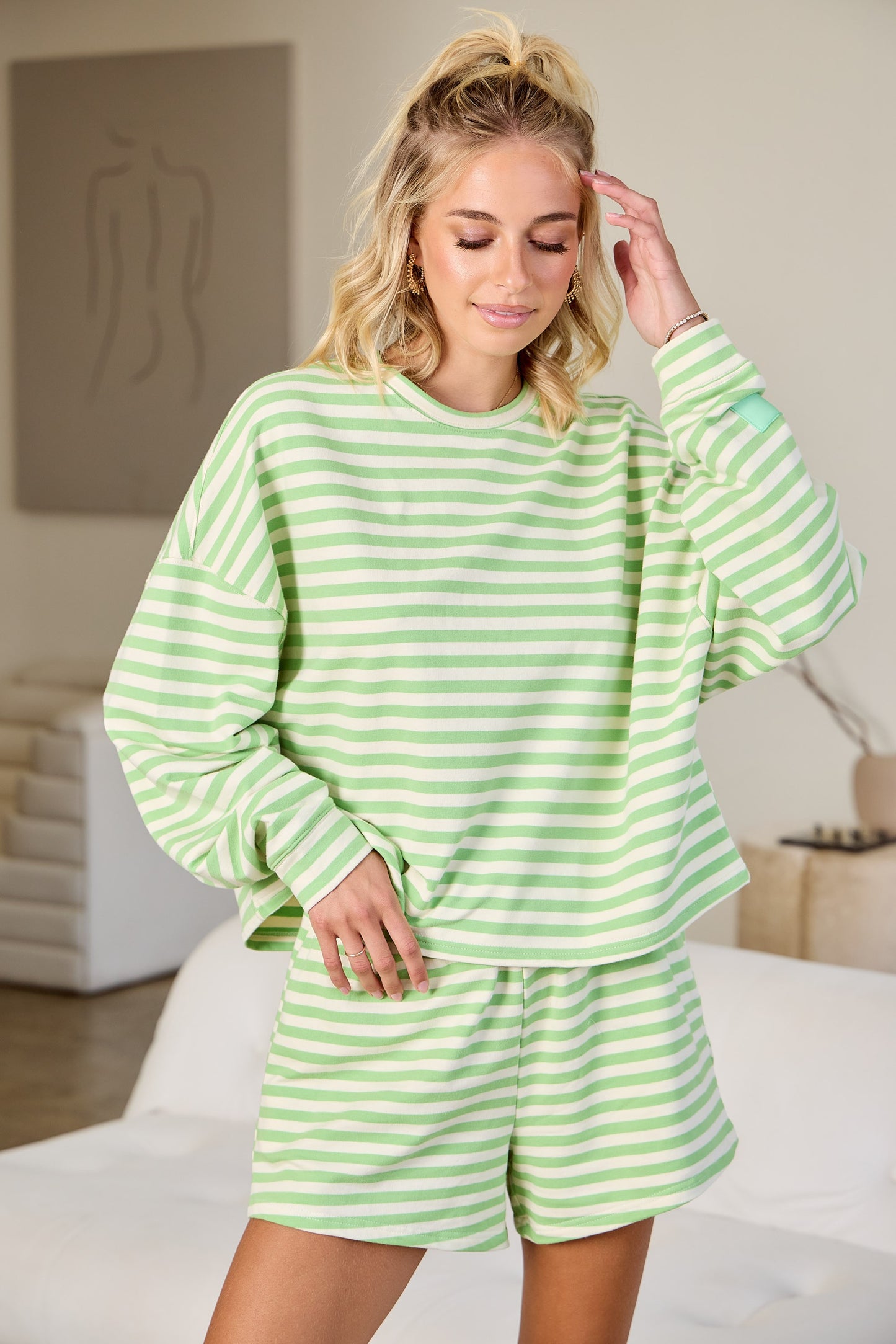 Striped Terry Loose Fit Lounge Sweatshirt - Honeydew/Cream