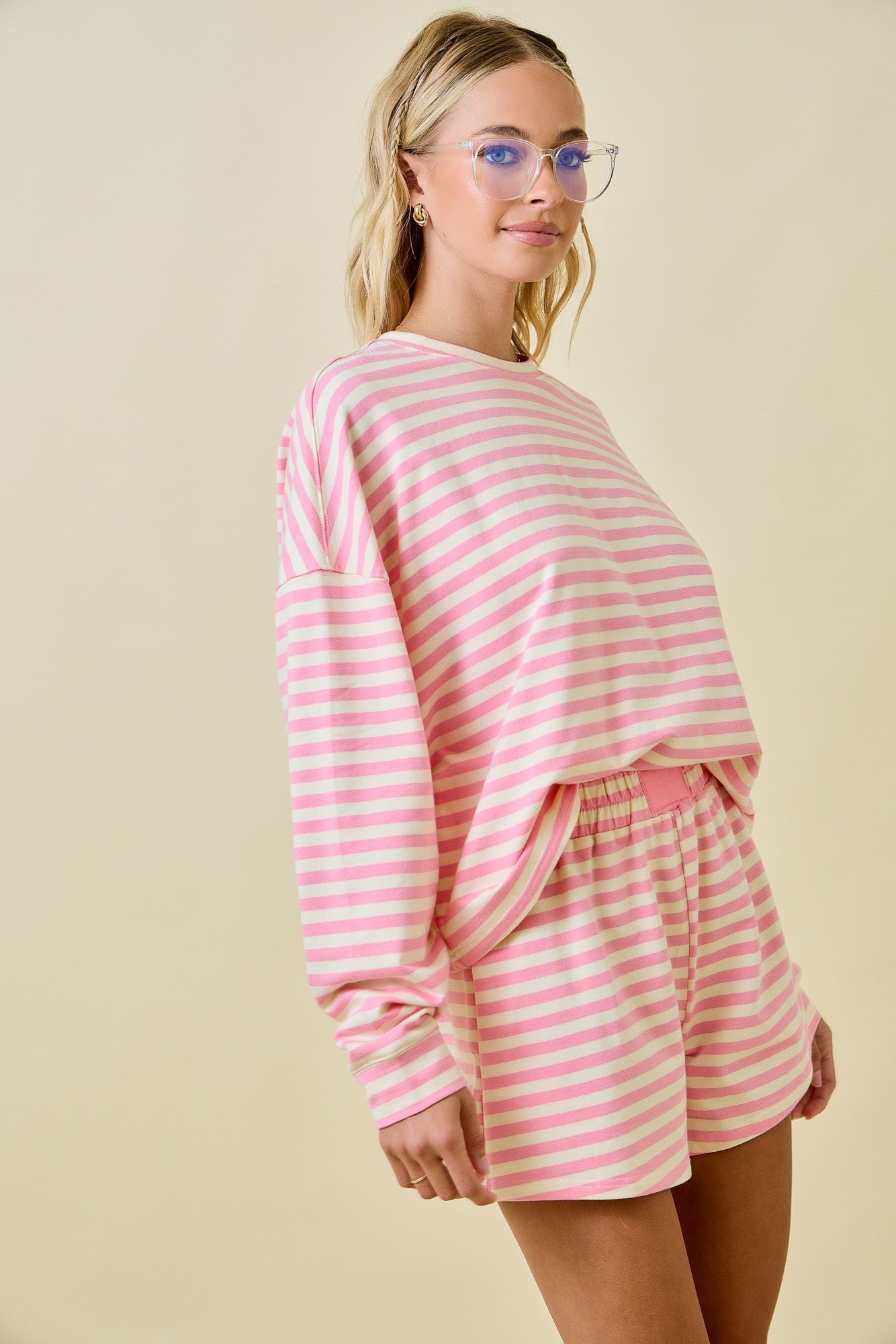 Striped Terry Loose Fit Lounge Sweatshirt - Pink/Cream