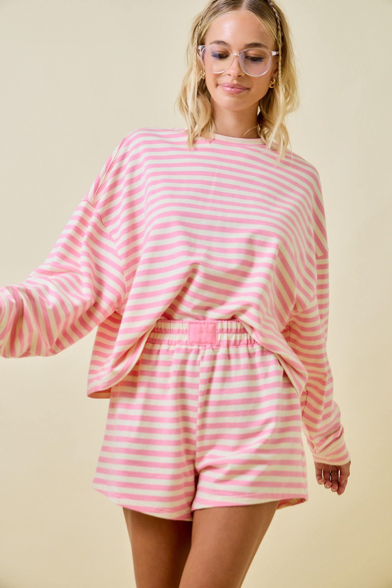 Striped Terry Loose Fit Lounge Sweatshirt - Pink/Cream