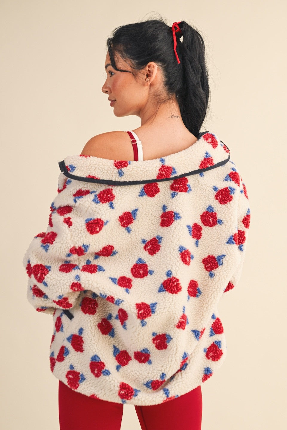Cozy Oversized Rose Pattern Fleece Zip Up Jacket - Cream