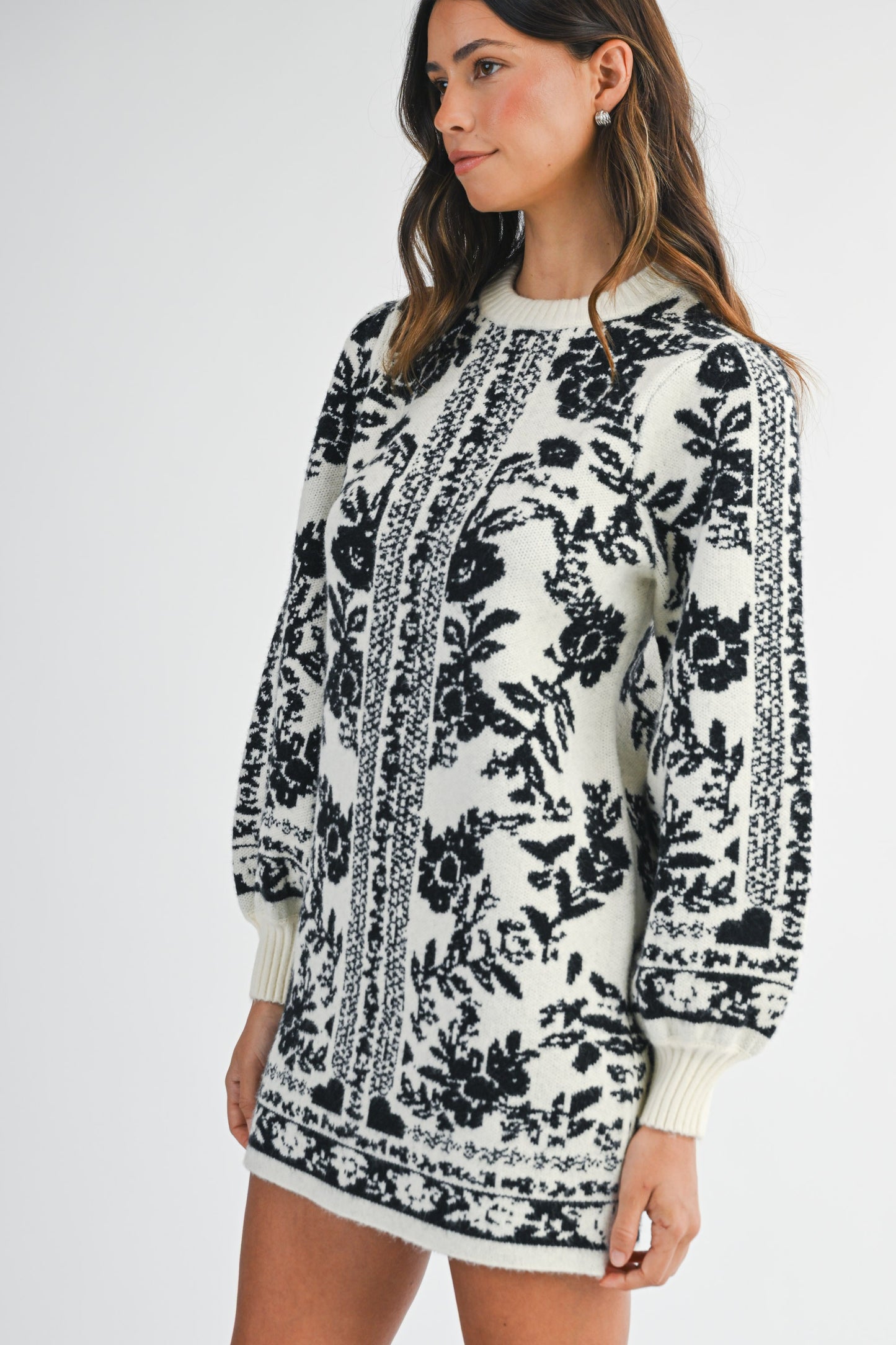 Jacquard Print Sweater Knit Mini Dress - Cream