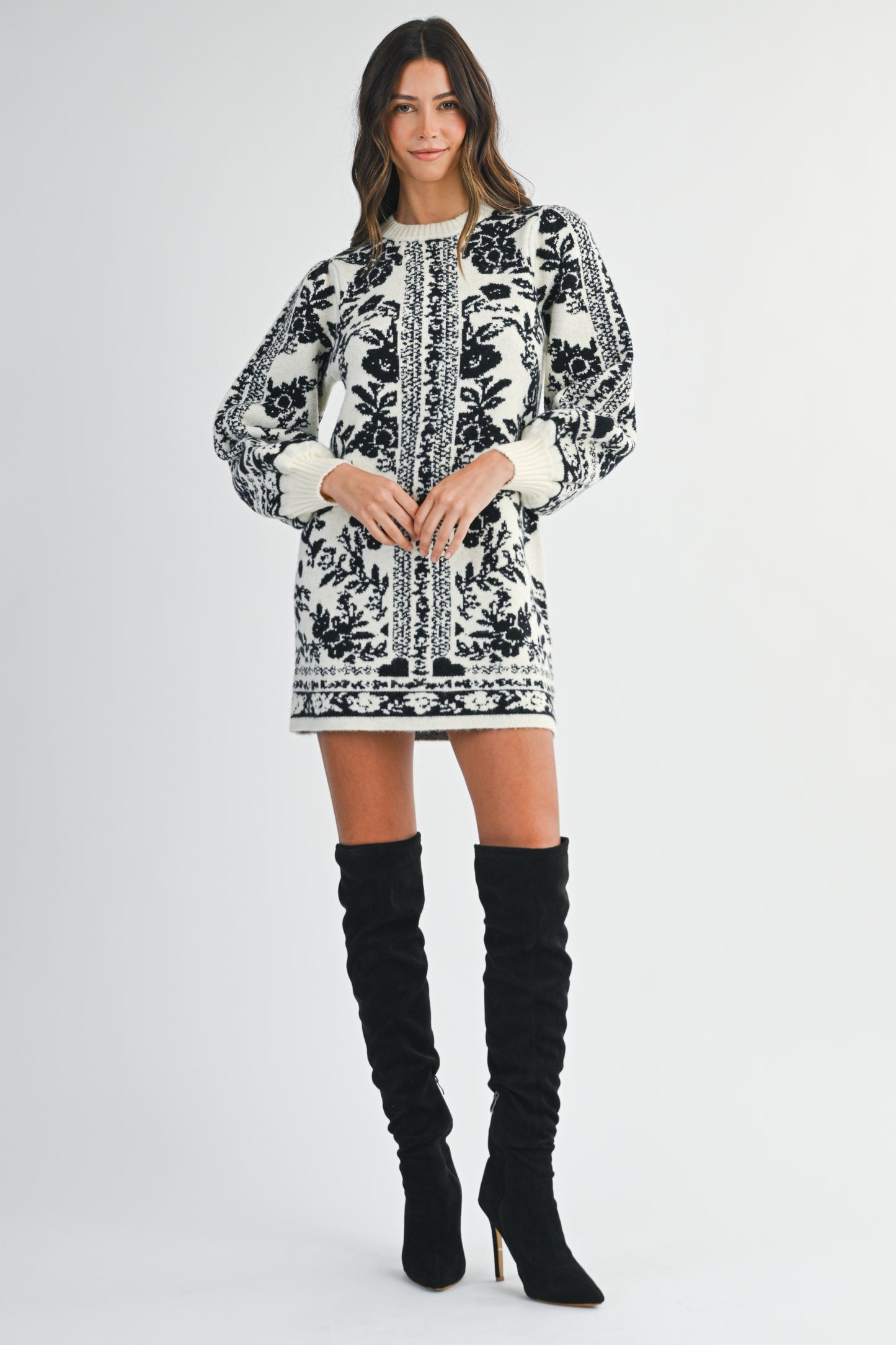 Jacquard Print Sweater Knit Mini Dress - Cream