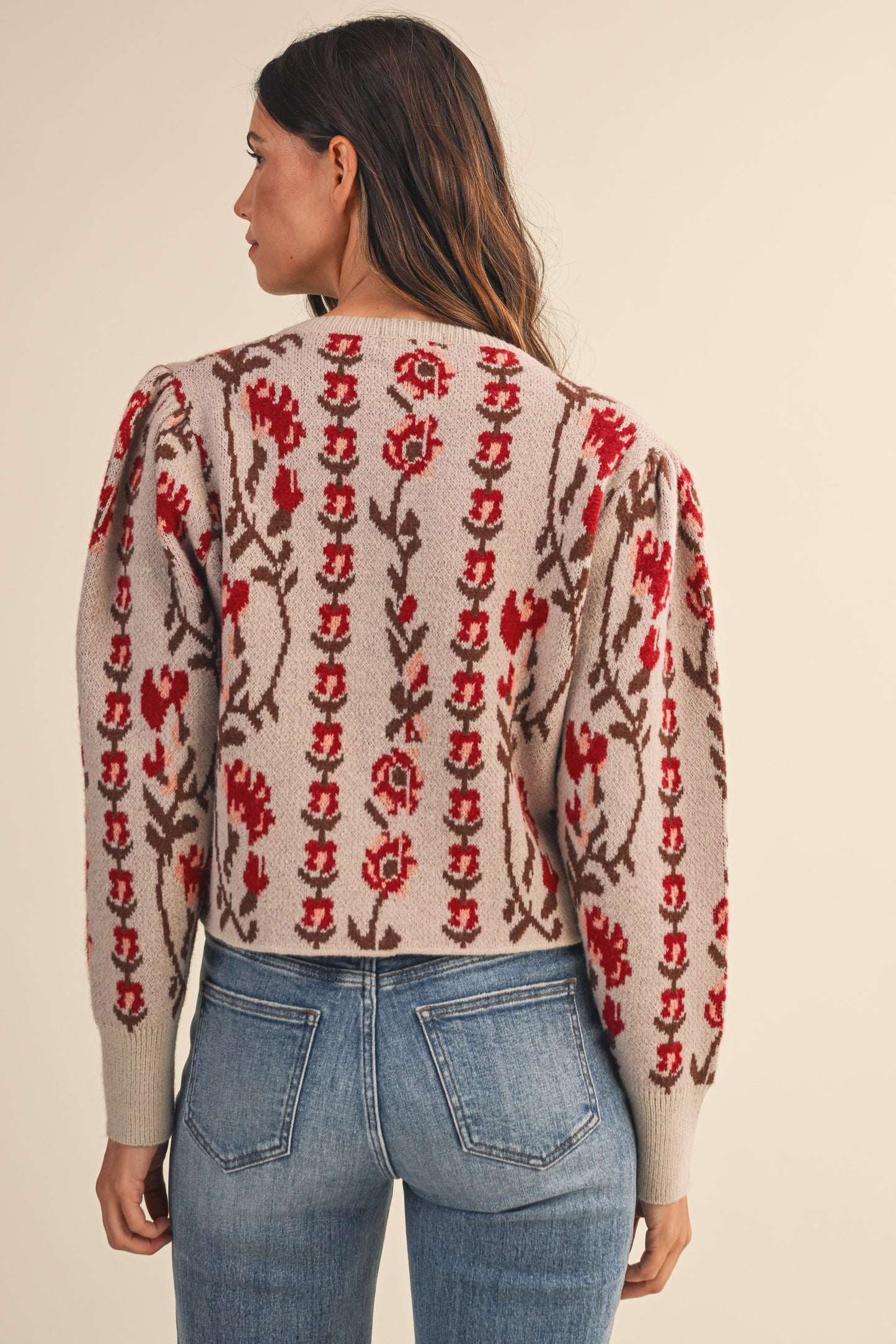 Vertical Floral Puff Sleeve Knit Cardigan - Oatmeal